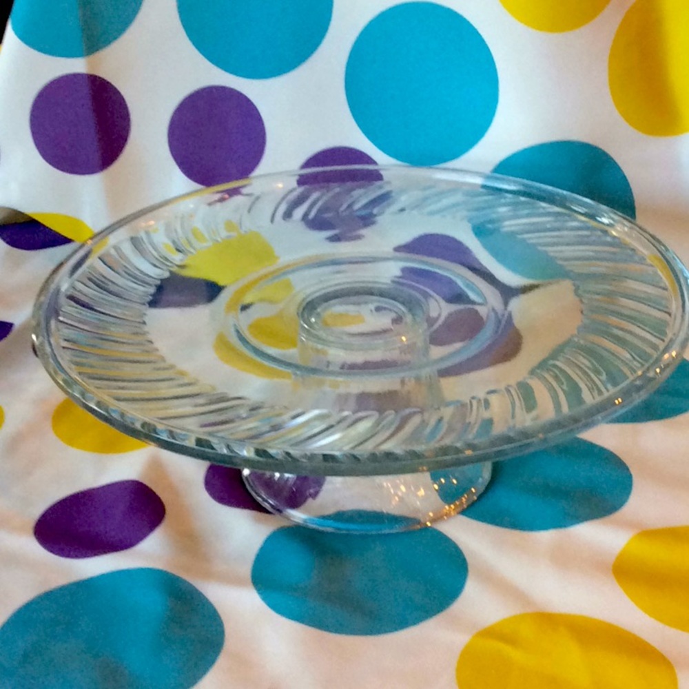Large clear glass cake plate etched pattern EUC